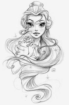 a pencil drawing of a girl with long hair and big eyes holding a present in her hand