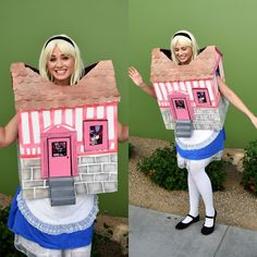 a woman wearing a costume made to look like a house