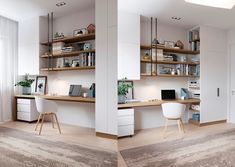 two photographs of a home office with desks and bookshelves in the corner