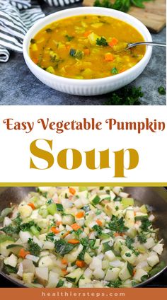 vegetable pumpkin soup in a white bowl with carrots and celery