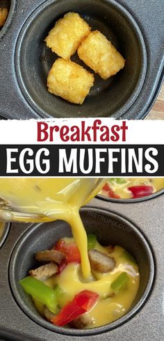 breakfast egg muffins being poured into a muffin tin