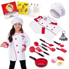 "Buy the Bintiva Deluxe Chef Costume Set at Michaels. com. This kid's chef costume and cooking tools toy set is perfect for your aspiring Master Chef who wants to help mom or dad out in the kitchen! This kid's chef costume plus cooking tools toy set has everything your aspiring Master Chef needs for an educational yet enjoyable role play experience! Let them learn to copy you in the kitchen by playing with their measuring spoons in a bowl of dried beans or macaroni, until they are ready for you Kids Chef Costume, Chef Costume, Kid Chef, Pretend Play Food, Kids Dress Up, Master Chef, Chefs Hat, Dried Beans, Play Food