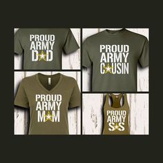 four different shirts with the words proud army mom and proud army dad written on them