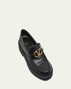 Valentino Garavani lambskin leather loafers with V logo medallion    Flat heel    Round moc toe    Notched vamp    Slipon style    Lining: Leather    Rubber lug outsole    Made in Italy Luxury Calf Leather Loafers With Stitched Sole, Luxury Black Tassel Loafers With Leather Sole, Valentino Loafers, Luxury Slip-on Loafers With Leather Sole, Luxury Semi-formal Tassel Loafers With Leather Sole, Lambskin Leather, Leather Loafers, Valentino Garavani, Loafers