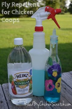 two bottles of vinegar and a spray bottle on a picnic table