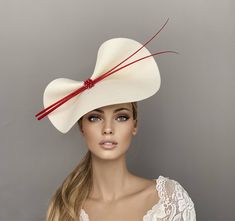 White and red fascinator hat, ivory races hat, ascot hat, Kentucky derby hat, red fascinator, wedding hat, off white and red hat, high tea This off white and red fascinator is embellished with two ostrich quills and a beautiful beaded aplique. Is perfect for the Kentucky derby, Ascot races, weddings or any special occasion. The style of this design is very flattering for most face shapes. Details: * The hat is made to order, I need 3-7 days to make it and 2-4 to delivery in any destination by DH Red Fascinator For Wedding At Royal Ascot, Red Hats For Spring Events, Elegant Beige Hats For Events, Red Top Hat For Spring Wedding, White Structured Crown Hat For Races, Elegant Cream Fascinator For Events, Elegant Red Church Hat, Elegant Cream Hat For Event, Elegant Cream Hat For Events