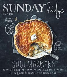 the cover of sunday life magazine, featuring a pie with a slice missing from it