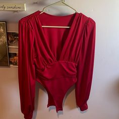 Long Sleeve Red Bodysuit - Size Small -Never Worn Red V-neck Bodysuit For Spring, V-neck Solid Color Bodysuit For Party, Fitted Red V-neck Bodysuit, Spring Red V-neck Bodysuit, Red Fitted V-neck Bodysuit, Red Party Jumpsuits And Rompers, Red Long Sleeve Bodysuit For Night Out, Red Solid Color Jumpsuits And Rompers For Night Out, Red Solid Color Jumpsuit For Night Out