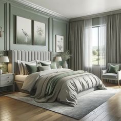 a bedroom with green walls and wooden floors is pictured in this image, there are two lamps on either side of the bed