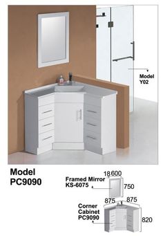 an image of a bathroom vanity with mirror and cabinet in white color for the model pc9900