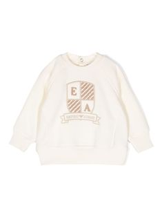 vanilla white cotton blend jersey texture embroidered logo to the front short pile detailing ribbed trim crew neck long raglan sleeves straight hem Armani Kids, Dress With Jean Jacket, Baby Boy Accessories, Jersey Sweatshirt, Dolce And Gabbana Kids, Kids Logo, Suits Coats, Stella Mccartney Kids, White Sweatshirt