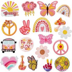 various patches and stickers are shown in this image with the words peace, love, and flowers