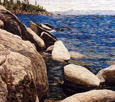 a painting of some rocks in the water