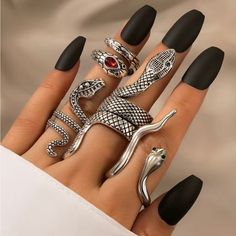 Silver Plated, Collection Includes Four Stackable Unique Serpent Ring Designs, Allowing You To Explore Different Styles And Embrace Your Individuality Snake Lovers Fetish Gothic Cleopatra Egyptian Queen Halloween Accessories Serpent Boho Baddie Insta Ootd Grwm Chic Hot Girl Summer Emo Jewelry, Embellished Fashion, Edgy Jewelry, Goth Jewelry, Snake Jewelry, Magical Jewelry, Gothic Rings, Snake Design, Snake Ring