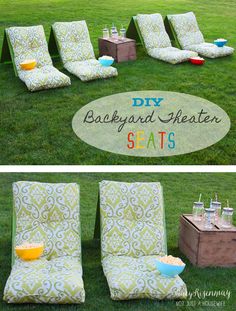 the backyard theater seats are ready to be set up for an outdoor movie party with drinks and snacks