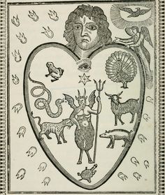 a heart with animals and birds on it, vintage line drawing or engraving stock photo