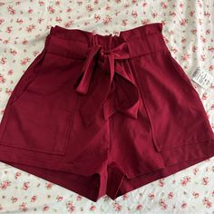 Brand New With Tag, No Flaws Trendy Red Shorts For Day Out, Red Cotton Shorts For Day Out, Red High Waist Shorts For Day Out, Chic Red Shorts For Day Out, Casual Burgundy Shorts, Chic High Waist Red Shorts, Casual Burgundy Shorts For Summer, Red Summer Shorts With Pockets, Trendy Burgundy Bottoms For Summer