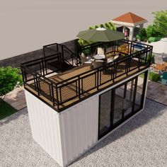 an artist's rendering of a house made out of shipping containers, including a deck and patio