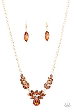 Dotted with marquise style topaz rhinestones, leafy gold frames delicately connect into a vintage inspired pendant below the collar. An oversized topaz teardrop crowns the golden centerpiece for an eye-catching finish. Features an adjustable clasp closure. Sold as one individual necklace. Includes one pair of matching earrings. Sparkle Fashion, Necklaces Vintage, Gold Frames, Bling Necklace, Sparkle Necklace, Brown Necklace, Fashion Influencer, Glam Style, Paparazzi Accessories