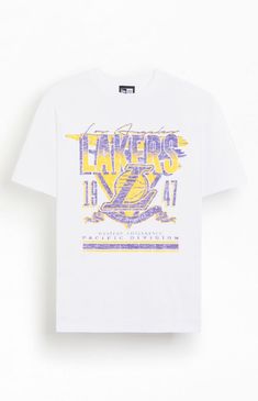 a white t - shirt with an image of the los lakers on it