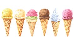 five ice cream cones lined up in a row on a white background, each with different flavors