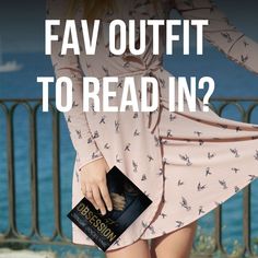 a woman in a pink dress holding a book with the words fav outfit to read in?