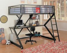 a loft bed with desk underneath it on top of a hard wood floor in a room