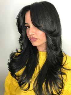 Jet Black Hair With Curtain Bangs, Long Black Hair With Bangs And Layers, Black Hair Butterfly Cut, Jet Black Hair Dye, Jet Hair, Butterfly Haircuts, Black Hair Types, Angled Bob Hairstyles, Hair Curling Tips