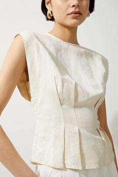 Viscose Linen Woven Strong Shoulder Top | Karen Millen Elegant Beige Linen Top, Elegant Flax Linen Dress, Elegant Sleeveless Linen Top, Beige Fitted Linen Summer Dress, Fitted Beige Linen Summer Dress, Fitted Linen Top In Beige, Classic Linen Summer Dress, Fitted Beige Linen Top, Summer Workwear Tops In Flax Color