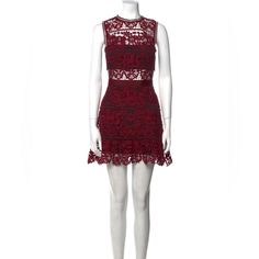 Self-Portrait A-Line Dress Burgundy Lace Pattern Crochet & Grosgrain Accents Sleeveless With Scoop Neck Exposed Zip Closure At Back Fabric: 100% Polyester; Lining 65% Rayon, 35% Polyurethane Self Portrait Red Dress, Self Portrait Guipure Lace Dress, Burgundy Lace, Lace Pattern, Pattern Crochet, Self Portrait, A Line Dress, Scoop Neck, A Line