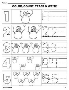 Free printable snowman winter coloring page and number tracing worksheet, numbers 1-5 counting worksheet for preschool and pre-k Winter Projects For Preschoolers, January Crafts For Kids Preschool, Snow Activities For Preschool, Winter Worksheets For Preschool, Winter Preschool Crafts, Winter Coloring Pages Free Printable, Winter Preschool Activities, Free Printable Snowman, Worksheet Numbers