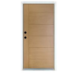 a wooden door with two black knobs on the front and side panels, against a white background