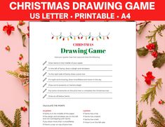 a christmas drawing game is shown on a pink background with greenery and red berries