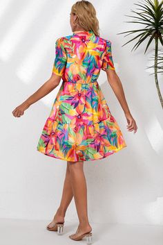 Multicolor Summer Floral Print V Neck Short Sleeve Dress Summer Multicolor A-line Mini Dress, Multicolor A-line Midi Dress For Vacation, Colorful Knee-length Summer Dress, Colorful Patterned Knee-length Summer Dress, Casual Multicolor Knee-length Mini Dress, Casual Colorful Tropical Print Dresses, Colorful Casual Dresses With Tropical Print, Multicolor Floral Print Knee-length Mini Dress, Casual Multicolor Tropical Print Dress