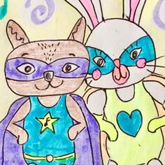 a drawing of two cats dressed as superheros