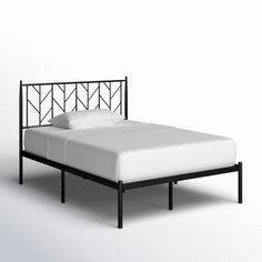 a black metal bed frame with white sheets and pillows on it, against a white background