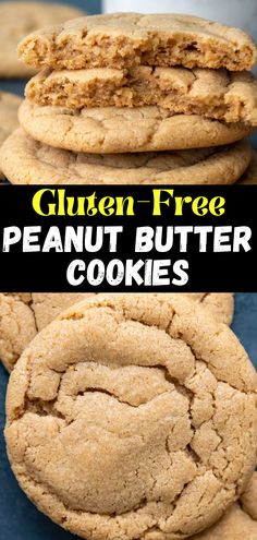 gluten free peanut butter cookies stacked on top of each other with text overlay