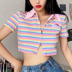 Pastel Color Rainbow, Zip Up Crop Top, Striped Shirt Women, Rainbow Cloud, Summer Lace, Color Rainbow, Ladies Tee Shirts, Rainbow Print, Tee Shirt Print