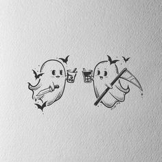 two ghost characters holding hands with a drink