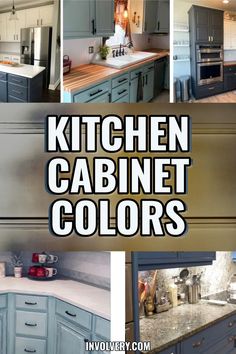 the kitchen cabinets are painted blue and have white counter tops with black lettering that says kitchen cabinet colors