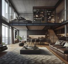 a living room filled with lots of furniture next to tall windows and floor to ceiling windows