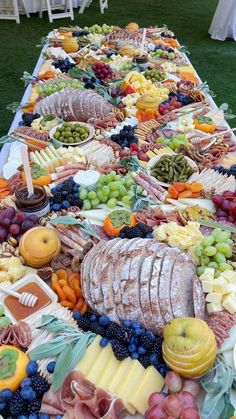 a long table filled with lots of different types of food on top of green grass