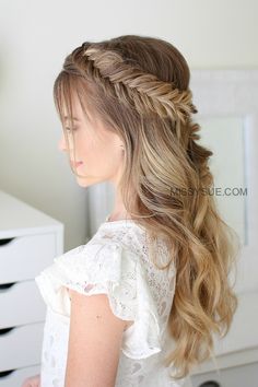 Fishtail Crown Braid Half Up, Front Fishtail Braid Hairstyles, Missy Sue Hairstyles, Topsy Tail Braid, Down Hairstyles With Braids, Dutch Fishtail, Topsy Tail, Fishtail Hairstyles