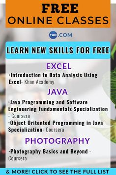 a poster with the words learn new skills for free in front of it, including photos and