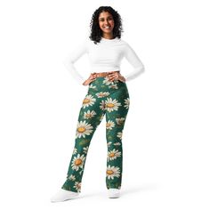 'Daisy Flowers' Flare leggings Spring Yoga Pants, Casual Floral Print Leggings For Loungewear, Spring Yoga Leggings With Relaxed Fit, Casual Floral Print Yoga Bottoms, Spring Full-length Relaxed Fit Leggings, Spring Full Length Relaxed Fit Leggings, Daisy Flower Design, Yoga Pants With Pockets, Leggings With Pockets