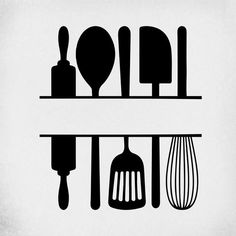 the silhouettes of kitchen utensils are displayed on shelves