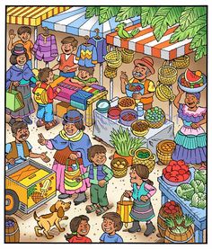 an illustration of people shopping in a market with fruits and vegetables on the tables,