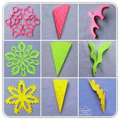 paper snowflakes are cut out and placed on top of each other in different colors