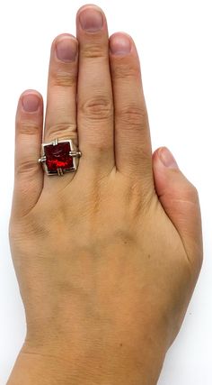 "Vintage Artisan Brutalist Sterling Silver Red Glass Sugarloaf Ring Size 6.75 Up for offer is a unique and stunning vintage artisan made brutalist solid sterling silver and rub red art glass carved sugar loaf paste rhinestone ring. Ring is marked \"925\". Measurements Ring Size: 6.75 Sugarloaf: 13mm x 13mm x 10m Band Width: 5mm Weight: 10.3 g Condition: Excellent; item is pre-owned and may have some signs of light use. Please inspect pictures for overall condition. This item comes from a clean, Sugarloaf Ring, Sterling Ruby, Sterling Silver Bangle Bracelets, Rhinestone Ring, Red Art, Red Band, Silver Bangle Bracelets, Sterling Silver Bangles, Heart Locket