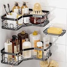 two tiered shower caddy with soaps, lotions and other bathroom items